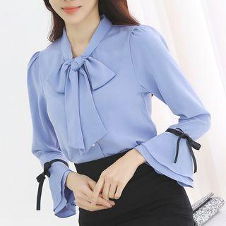 Bell-sleeve Bow Long-sleeved Straight Chiffon Plain Blouse