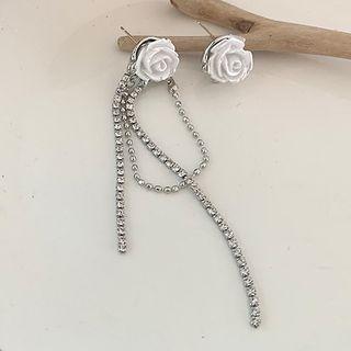 Rose Rhinestone Fringed Earring Asymmetrical Earrings - One Size