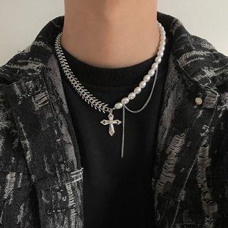 Cross Pendant Faux Pearl Alloy Necklace