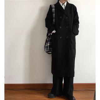 Double Breast Long Woolen Coat Black - One Size