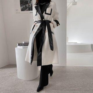 Pleather-panel Faux-fur Coat With Sash