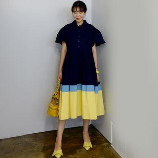 Color Block Puff-sleeve Midi A-line Dress As Shown In Figure - One Size