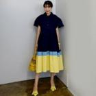 Color Block Puff-sleeve Midi A-line Dress As Shown In Figure - One Size