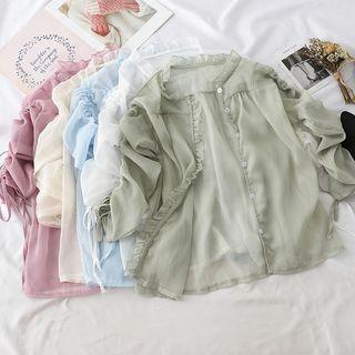 Long-sleeve Drawstring Frill Trim Buttoned Chiffon Top