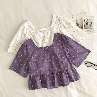 Floral Square-neck Elbow-sleeve Blouse