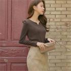 Slit-neckline Puff-sleeve Top