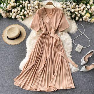 Lapel Lace-up Strap Accordion Pleat Dress