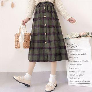 Button-front Midi A-line Plaid Skirt As Shown In Figure - One Size