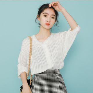 Elbow-sleeve Lace-trim Blouse White - One Size