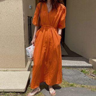 Elbow-sleeve V-neck Midi A-line Dress Tangerine - One Size