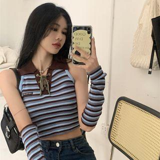 Set: Halter-neck Lace-up Striped Top + Arm Sleeves