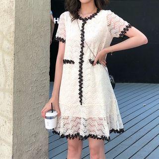 Lace Short-sleeve Dress White - One Size