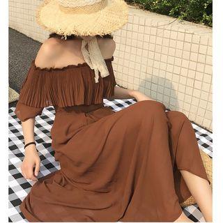 Elbow-sleeve Off Shoulder A-line Maxi Dress