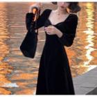 Long-sleeve Slit Velvet Slit Midi A-line Dress