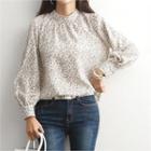 Stand-collar Bishop-sleeve Floral Blouse Ivory - One Size