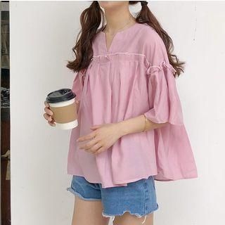 Elbow-sleeve Notch Neck Chiffon Top