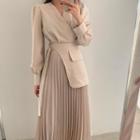 Mock Two-piece Long-sleeve Pleated Midi A-line Dress