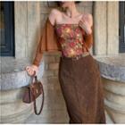 Slim-fit Sheer Jacket / Floral Print Tube Top / Corduroy Skirt With Belt