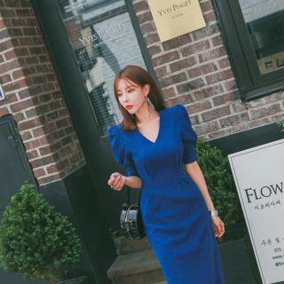 Puff-sleeve Linen Blend Maxi Sheath Dress