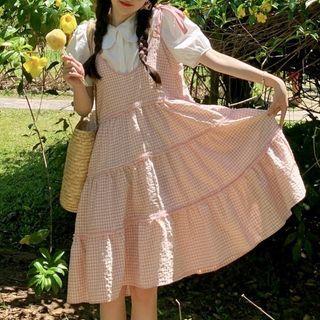 Short-sleeve Blouse / Plaid Midi A-line Overall Dress