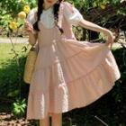 Short-sleeve Blouse / Plaid Midi A-line Overall Dress