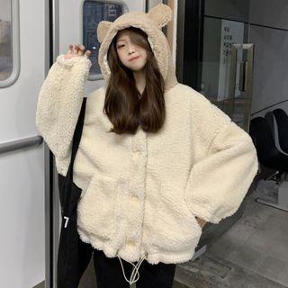 Fleece Button-up Bear Ear Hooded Jacket