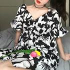 Flower Print Puff-sleeve Mini A-line Dress Black & White - One Size
