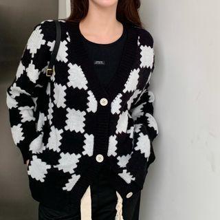 Checkerboard V-neck Cardigan Black & White - One Size