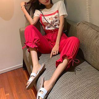 Set: Printed Short-sleeve T-shirt + Tie-cuff Drawstring Harem Pants