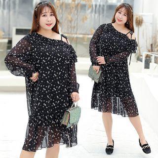Cold-shoulder Flower Print Midi Dress