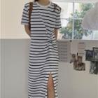 Short-sleeve Striped Side-slit Midi T-shirt Dress
