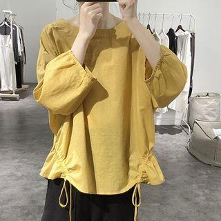 3/4-sleeve Plain Drawstring Blouse