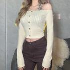 Set: Lettering Cropped Halter Top + Long-sleeve Off-shoulder Button-up Knit Top