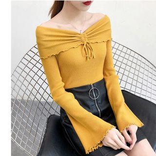 Off-shoulder Lettuce Edge Ribbed Knit Top
