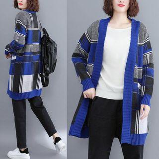 Plaid Open Front Cardigan Blue - One Size