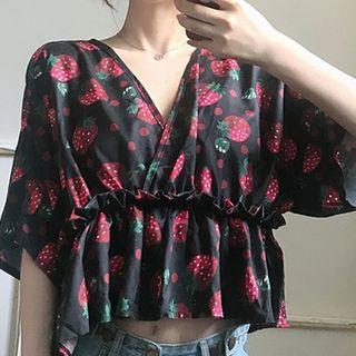 Strawberry Print Elbow-sleeve Chiffon Blouse
