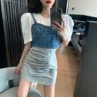 Puff-sleeve Top / Denim Camisole Top / Ruched Mini Pencil Skirt