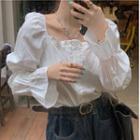 Flared-cuff Shirred Blouse White - One Size
