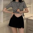 Short-sleeve Checkerboard Crop Top / Slit Skort