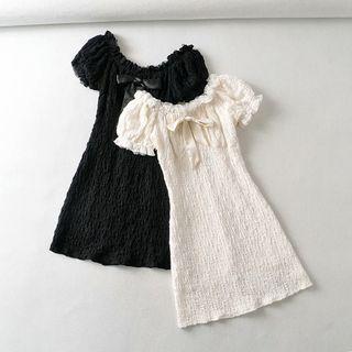Puff-sleeve Lace Trim Bow Mini Bodycon Dress