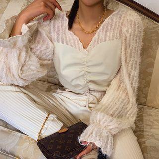 V-neck Fringed-panel Shirred Blouse Ivory - One Size