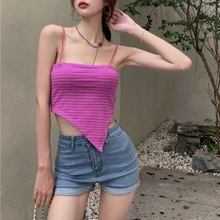 Spaghetti Strap Two-tone Striped Asymmetrical Crop Top