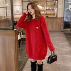 Heart Embroidered Long-sleeve Knit Dress Red - One Size