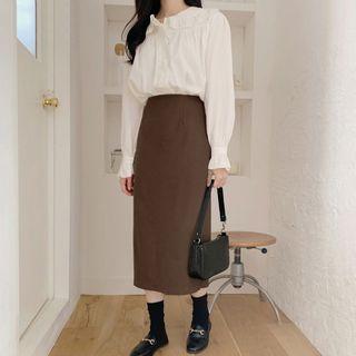 Ruffle Blouse / Plaid Midi Straight-fit Skirt / Set