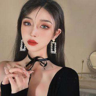 Checkerboard Rhinestone Drop Earring 1 Pair - Silver Stud - Check - Black & White - One Size