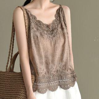 Camisole V Neck Plain Perforated Embroidered Top