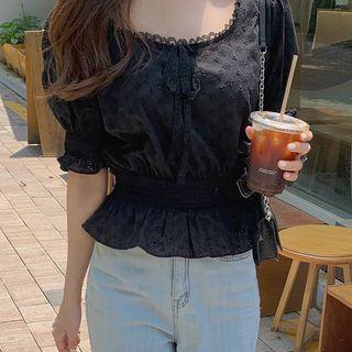Puff-sleeve Ruffled Eyelet Blouse Black - One Size