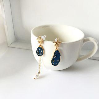 Moon & Star Faux Pearl Asymmetrical Alloy Dangle Earring