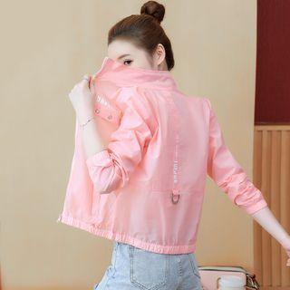 Grommet Lettering Stand Collar Zip Jacket