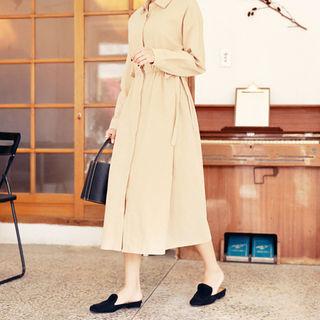 Drawstring-waist Hidden-button Shirtdress
